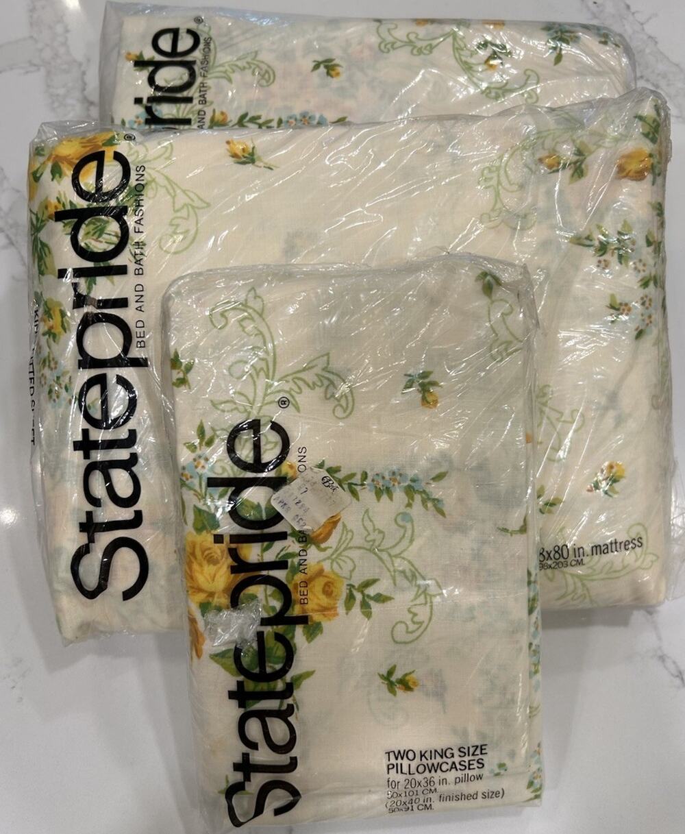 Vtg 1980s NOS Statepride Carmen Gold Floral Complete King Sheet Set Floral USA